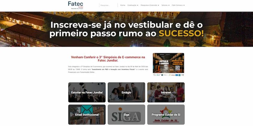 Captura de tela do site institucional da Fatec Jundiaí, com layout moderno e responsivo